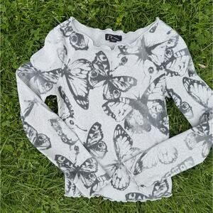 Art Class Girls Butterfly Print Long Sleeve Top Gray Fitted (SZ S)